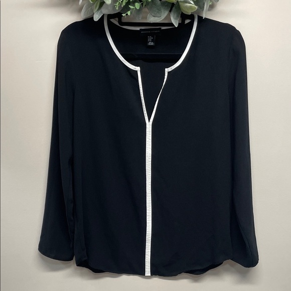 Adrienne Vittadini Long Sleeve Chiffon Blouse Black with White Trim M - Picture 1 of 16